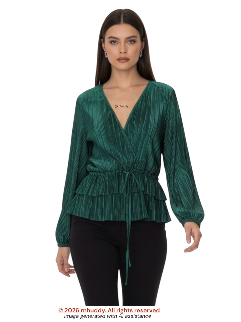 Zara M green crinkle pleat plunging top